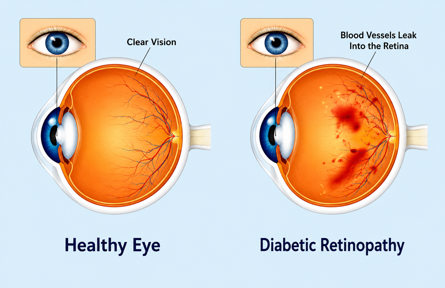 Retinal scan showing blood vessel leakage and damage from diabetic retinopathy requiring treatment