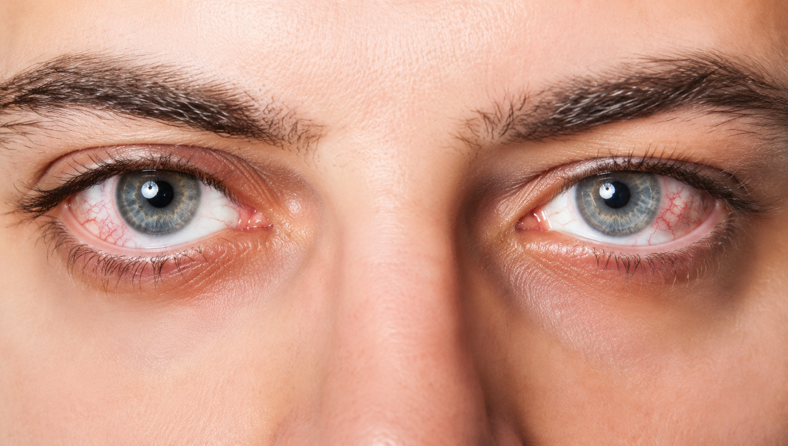 Close-up of red, irritated eyes showing symptoms of dry eye disease