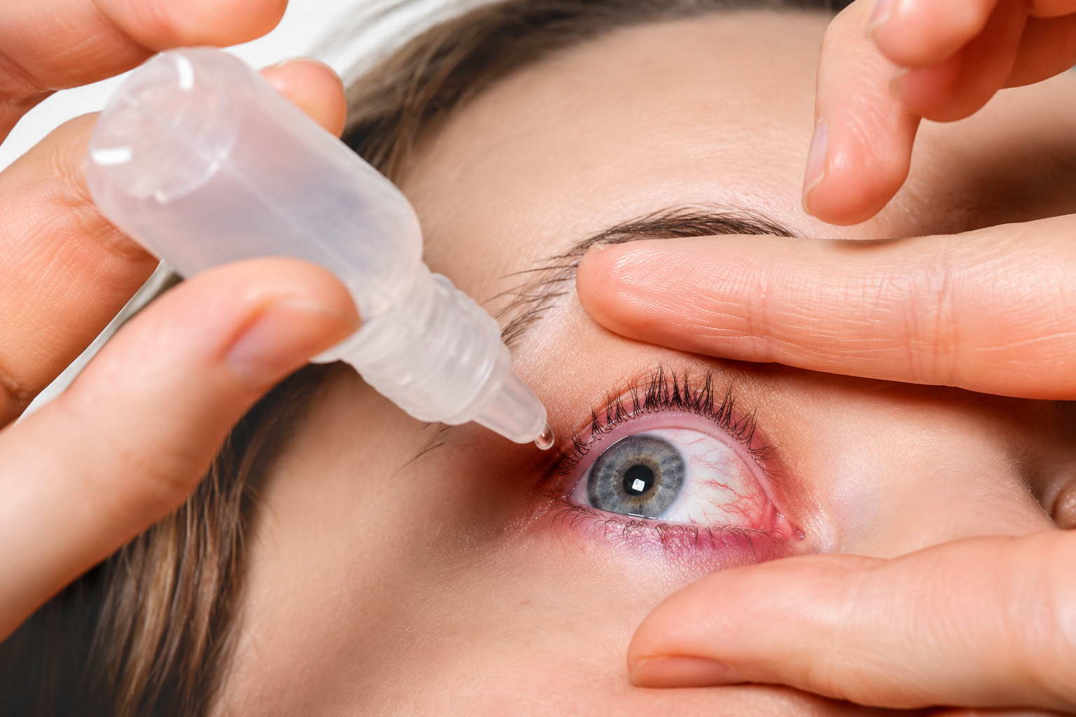 Eye drops being applied to a red, irritated eye — dry eye treatment at Krisha Eye Hospital Ahmedabad