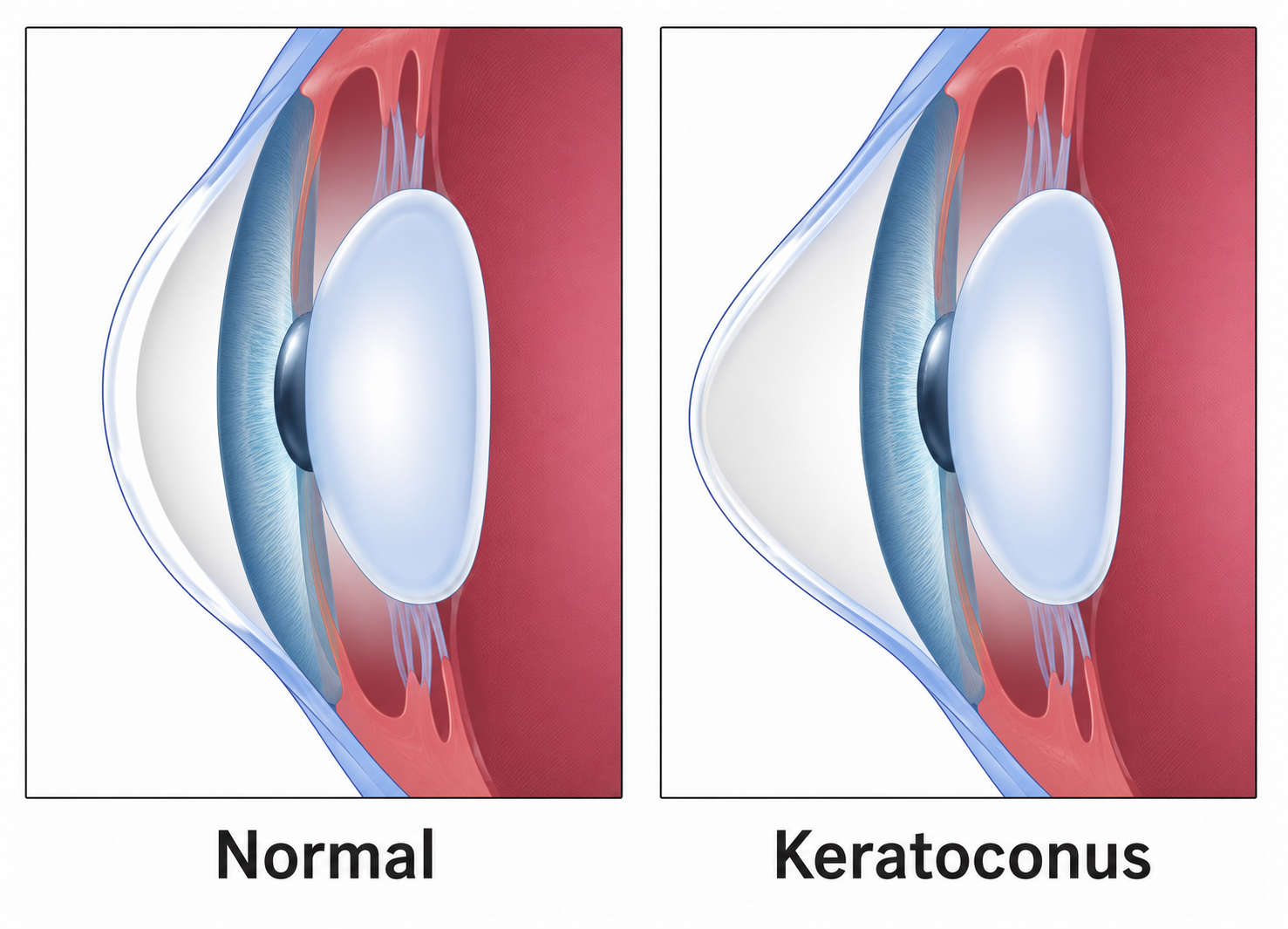 Close-up of a cone-shaped cornea showing keratoconus progression